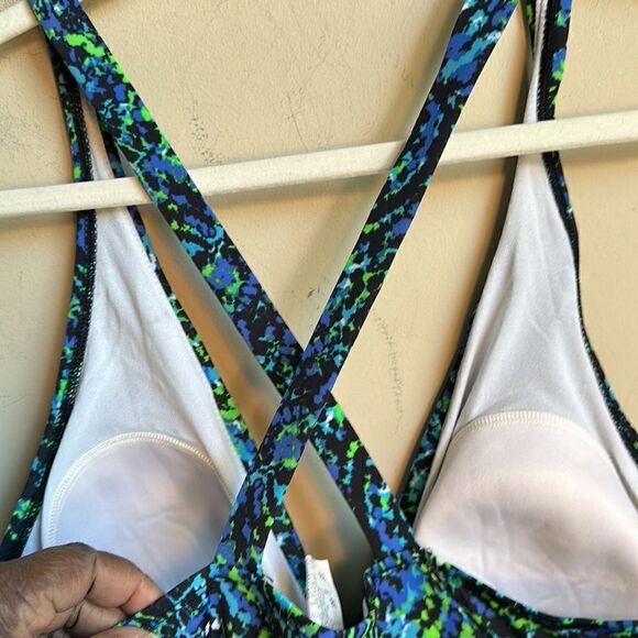 Speedo Women's Blue Multicolor Front Deep V Neck Open Back Swimsuit 18 - Picture 7 of 9